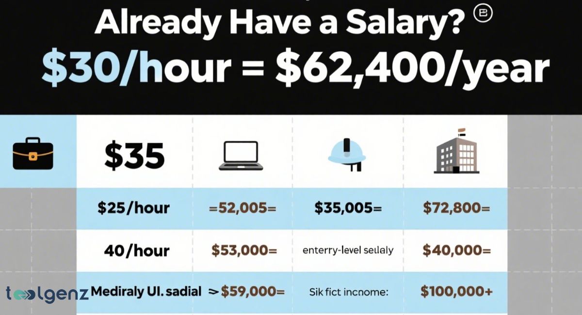An infographic comparing a $30/hour wage ($62,400/year) to other salary figures and job types, featuring icons for a briefcase, laptop, hard hat, and building, with various hourly and annual income comparisons.