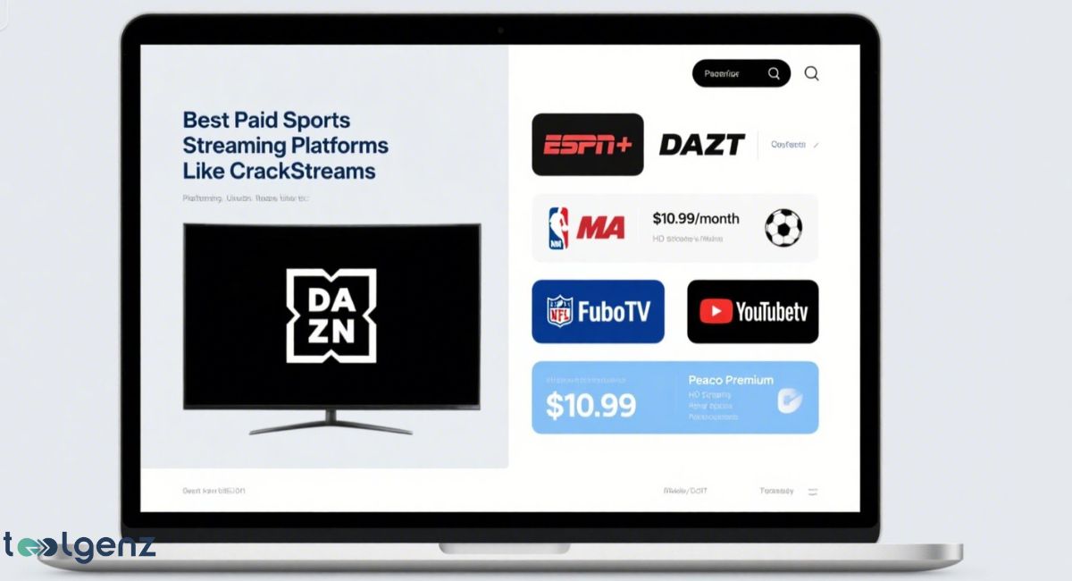 A laptop screen displaying an interface with the title "Best Paid Sports Streaming Platforms Like CrackStreams," featuring a large DAZN logo on a TV screen on the left, and a list of streaming services including ESPN+, DAZN (again with a price), FuboTV, and YouTube TV on the right.