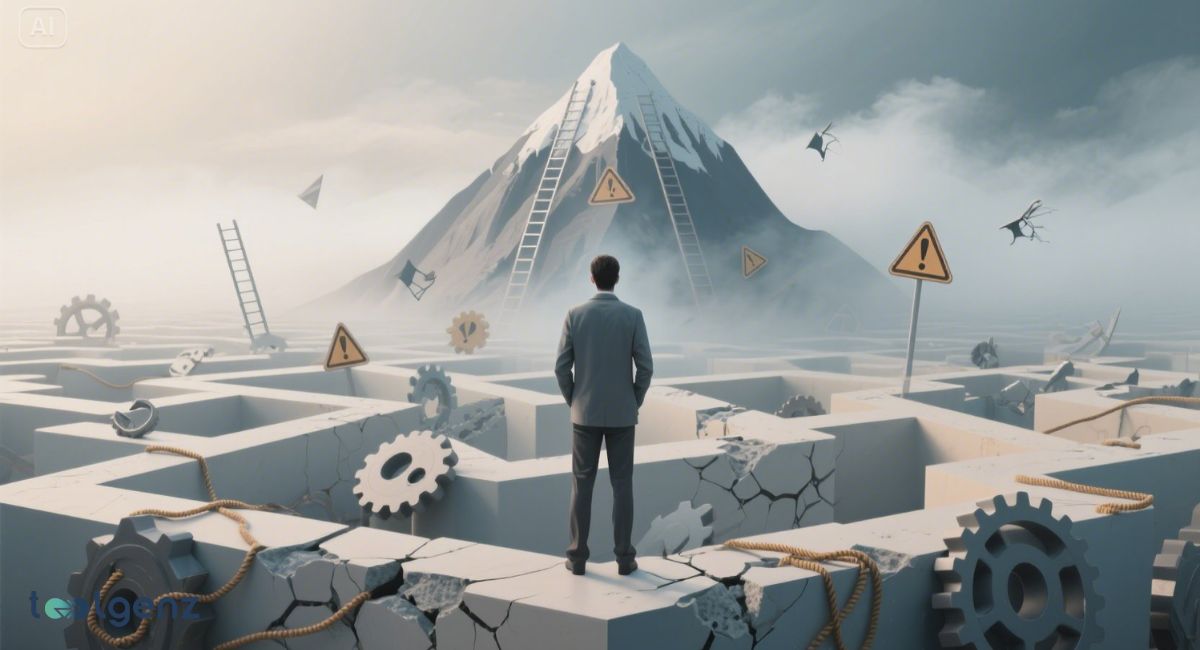 Businessman facing a maze of challenges with warning signs and gears, leading to a mountain peak