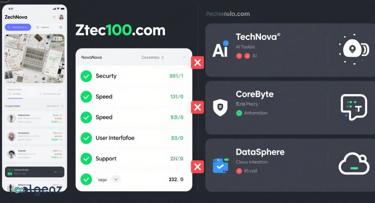 A digital illustration comparing Ztec100.com's features (security, speed, user interface, support) with green checkmarks, against a list of alternatives (TechNova, CoreByte, DataSphere) each marked with a red 'X', suggesting they are better options. A smartphone screen showing 'ZechNova' is on the left.