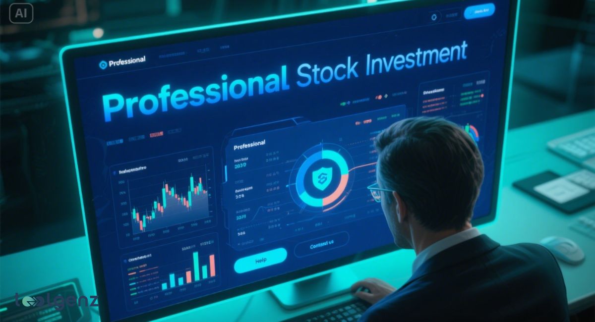 Investor analyzing real-time stock performance on a futuristic dashboard with professional investment tools.