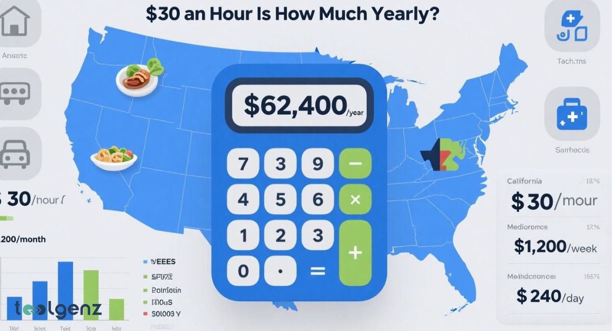 An infographic titled "$30 an Hour is How Much Yearly?" featuring a calculator displaying "$62,400 /year" on a US map, surrounded by icons for living expenses, and salary comparisons by state and daily/weekly rates.