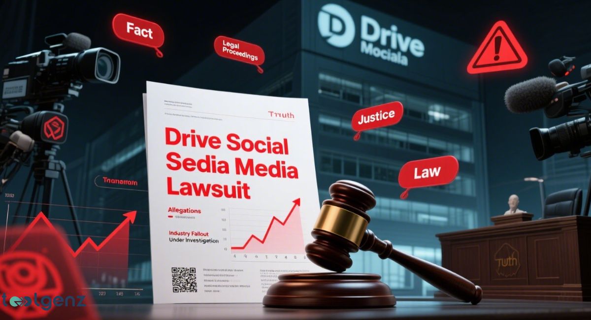 A legal illustration depicting a document titled "Drive Social Media Lawsuit" with sections for Allegations and Industry Fallout, next to a judge's gavel. Surrounding elements include warning signs, camera equipment, and rising charts, symbolizing legal proceedings, media scrutiny, and market impact.