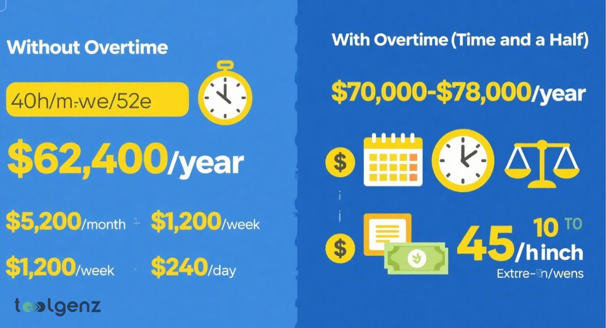 An infographic comparing the annual salary for a $30/hour wage, showing "$62,400/year" without overtime and "$70,000-$78,000/year" with overtime (time and a half), along with monthly, weekly, and daily breakdowns.