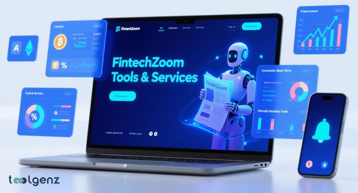 A digital illustration of a laptop displaying "FintechZoom Tools & Services," with a robot holding a newspaper, and surrounded by holographic screens showing cryptocurrency, financial charts, investment news, and portfolio tools.