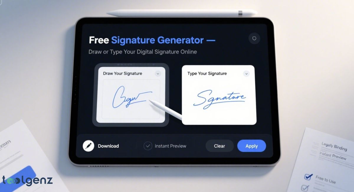 A tablet displaying a "Free Signature Generator" interface, offering options to "Draw Your Signature" with a stylus or "Type Your Signature," with buttons for download, instant preview, clear, and apply.
