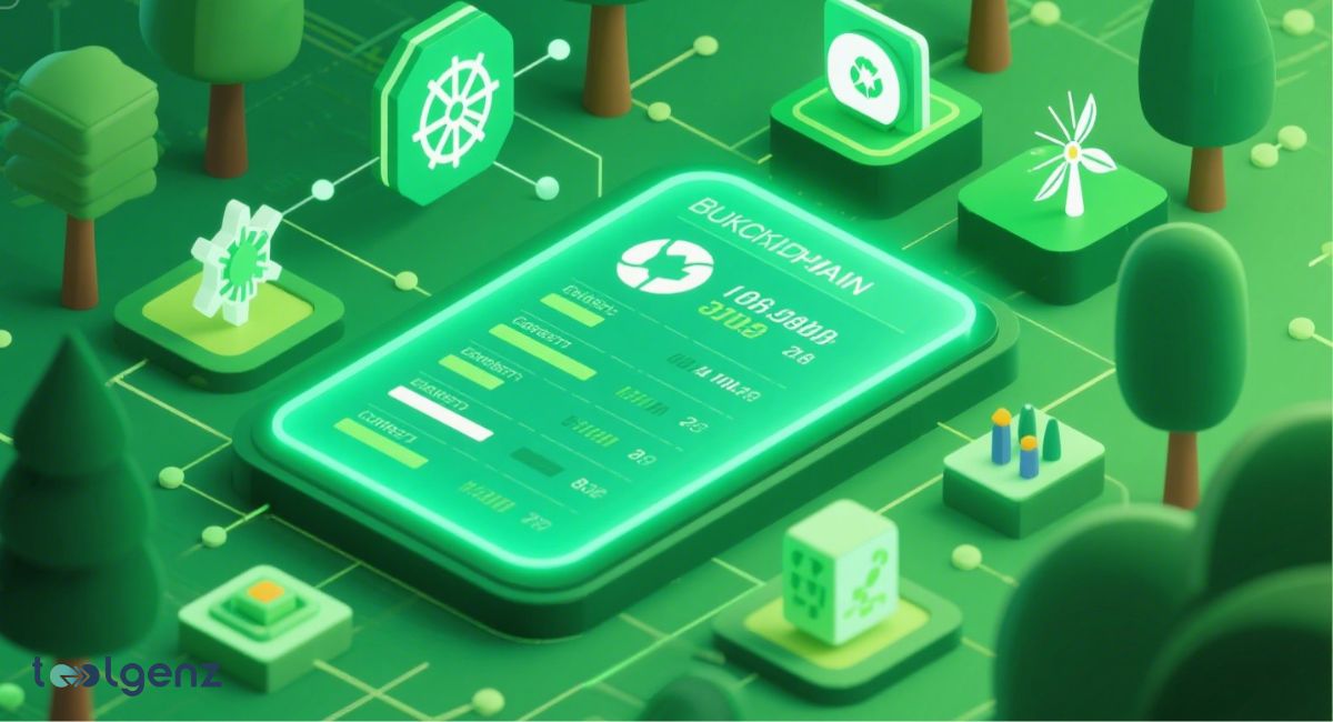 A green, eco-friendly illustration of blockchain technology with trees, renewable energy icons, and a glowing ledger showing carbon emission data.