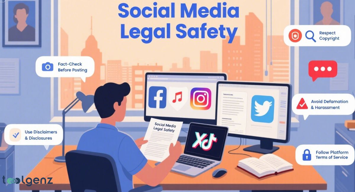 An illustration of a person at a desk using social media on a laptop, with surrounding text highlighting legal safety tips: "Fact-Check Before Posting," "Use Disclaimers & Disclosures," "Respect Copyright," "Avoid Defamation & Harassment," and "Follow Platform Terms of Service."