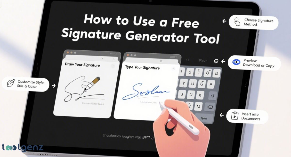 A tablet displaying a "How to Use a Free Signature Generator Tool" interface, showing options to "Draw Your Signature" or "Type Your Signature," with arrows indicating steps like "Choose Signature Method," "Customize Style & Color," "Preview Download or Copy," and "Insert into Documents."