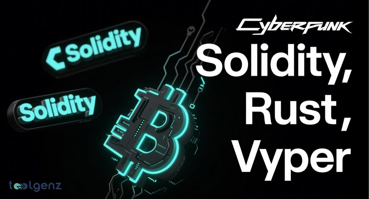 A cyberpunk-style image showcasing blockchain programming languages Solidity, Rust, and Vyper, with a glowing Bitcoin symbol and circuit-like connections in the background.

