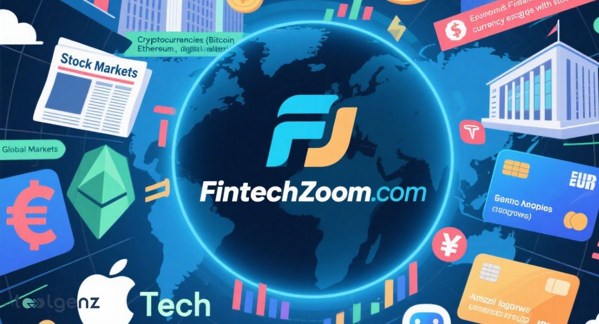 A digital illustration with a glowing world map centered around the 'FintechZoom.com' logo, surrounded by icons representing stock markets, cryptocurrencies, global currencies, credit cards, and tech companies, symbolizing broad financial market coverage.