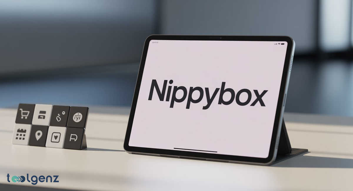 Tablet screen displaying the Nippybox logo in a modern office setting, with app icons arranged nearby on a white desk.

