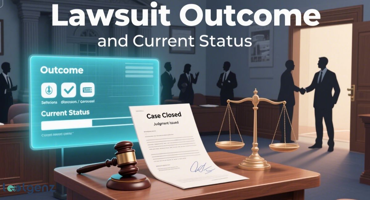 An illustration of a courtroom setting with a judge's gavel and a scale of justice on a wooden desk. A holographic screen shows "Outcome" and "Current Status," while a document states "Case Closed, Judgment Issued," representing the conclusion of a legal proceeding.