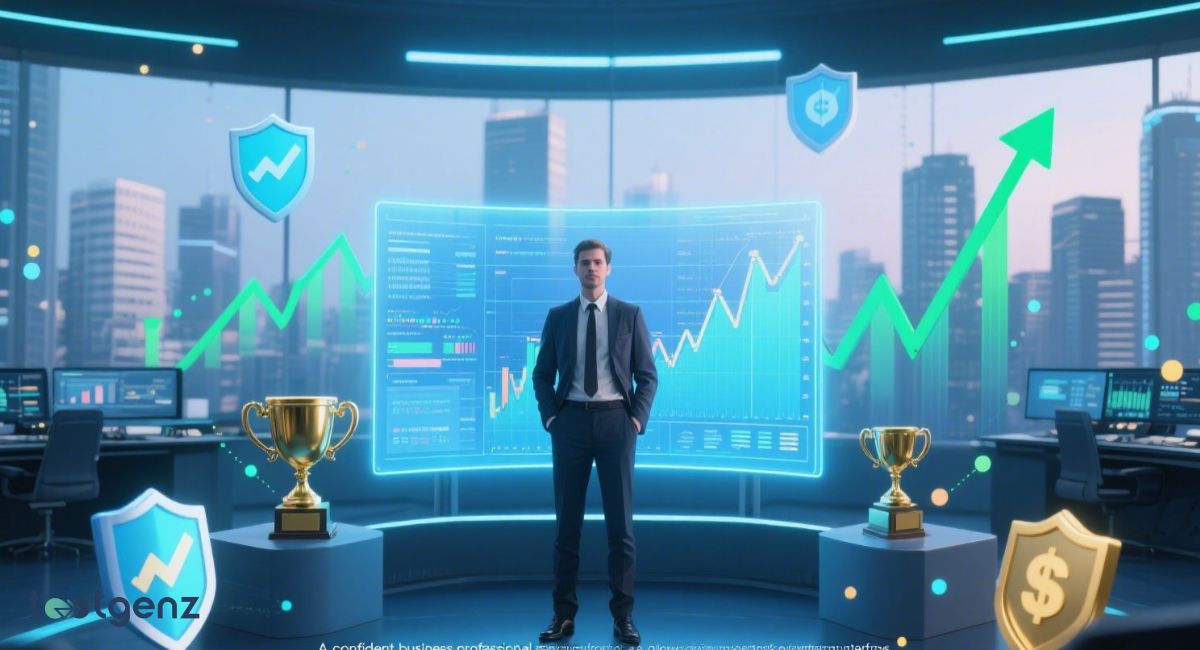 5starsstocks.com trading dashboard with rising stock charts, trophies, and a confident investor