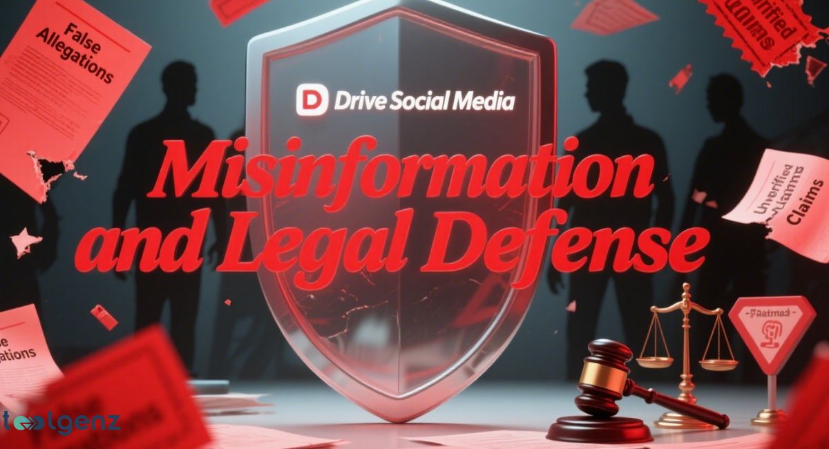 A digital illustration highlighting "Misinformation and Legal Defense" against "False Allegations" for Drive Social Media, featuring a large shield with the company logo, a judge's gavel, and legal documents in a dramatic red and black color scheme.