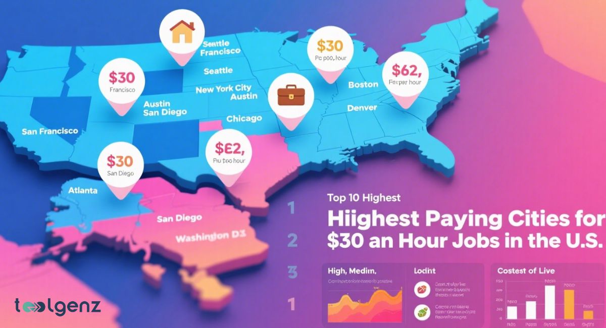 An infographic map of the United States highlighting various cities with callouts for $30/hour jobs, along with a title "Top 10 Highest Paying Cities for $30 an Hour Jobs in the U.S." and additional charts for living costs and salary comparison.