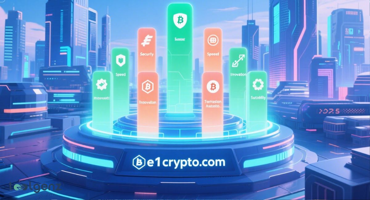 A futuristic cityscape with glowing digital skyscrapers and a central holographic platform displaying key features like speed, security, innovation, sustainability, and transaction analytics for be1crypto.com Blockchain in 2025.