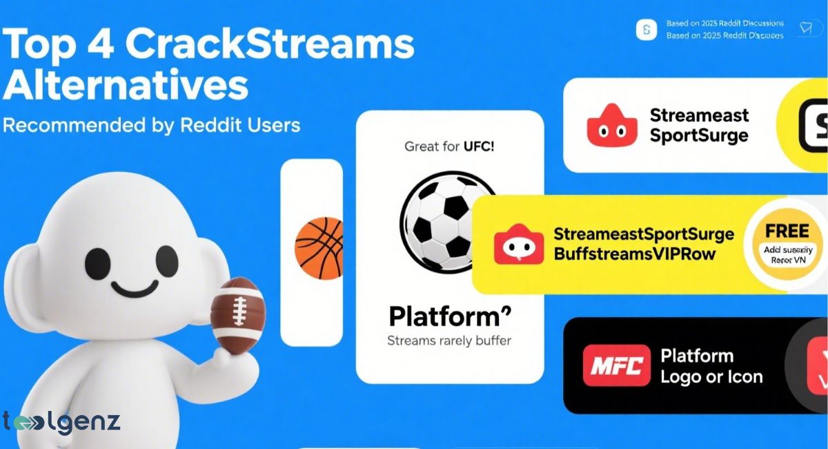 An infographic featuring a cartoon robot holding a football, presenting "Top 4 CrackStreams Alternatives Recommended by Reddit Users," showcasing various streaming platforms with icons for sports like UFC and basketball, and mentioning "Streams rarely buffer" and "FREE" options.