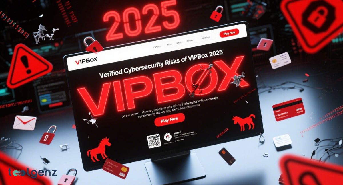 A digital illustration titled "Verified Cybersecurity Risks of VIPBOX 2025" on a computer screen, surrounded by red warning icons, locks, credit cards, and horse-like figures, all set against a dark background emphasizing digital threats.