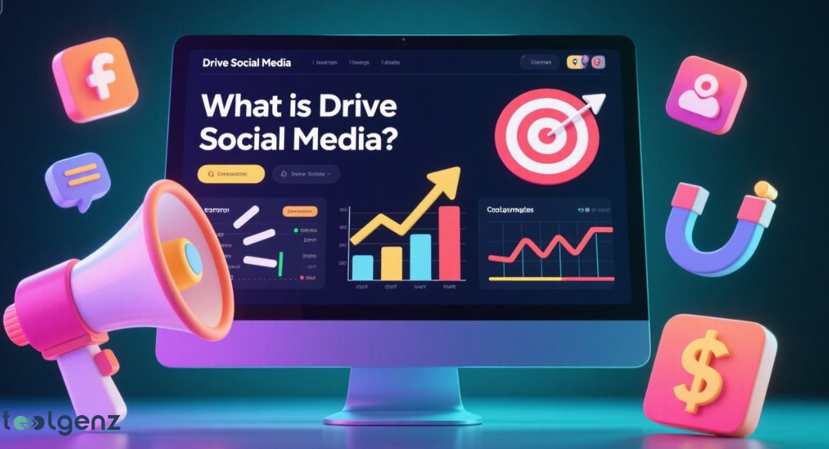 A digital illustration posing the question "What is Drive Social Media?" on a computer screen, surrounded by social media icons (Facebook, Instagram, target symbol), a megaphone, a magnet, and financial charts, representing digital marketing and growth.