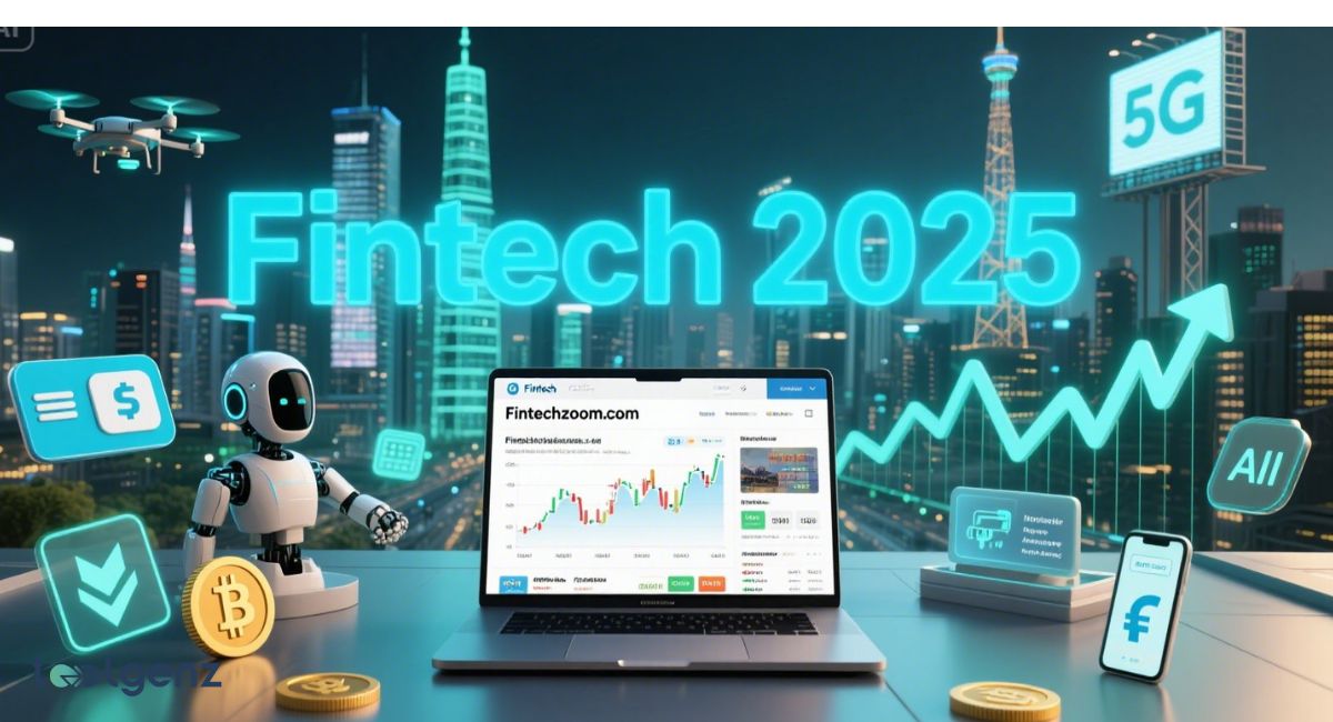 A futuristic digital illustration with a laptop displaying 'Fintechzoom.com' and financial charts, surrounded by elements like a robot, bitcoins, currency symbols, a drone, and a 5G tower, all under a glowing 'Fintech 2025' title in a city skyline