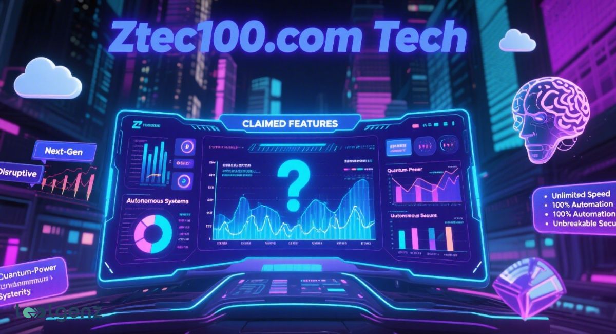 A neon-lit digital illustration of Ztec100.com's tech platform, featuring a holographic display with charts, 'Autonomous Systems,' and 'Quantum-Power,' surrounded by a glowing brain, server racks, and 'Claimed Features' like 'Unlimited Speed' and 'Unbreakable Security,' set against a futuristic cityscape.