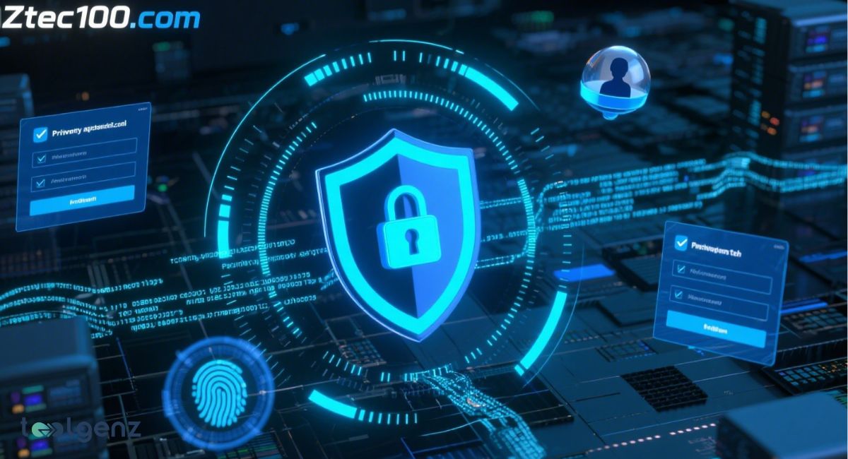 A digital illustration emphasizing Ztec100.com's data security, featuring a central glowing blue shield with a padlock, surrounded by holographic login forms, a fingerprint icon, and a user profile icon, all on a circuit board background with data streams.