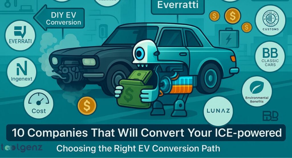 "10 Companies That Will Convert Your ICE-powered Car Into an EV." It features a car split in half, representing an ICE car and an EV. A robot is centrally featured, holding money. Around the car are logos and names of companies like "EVERRATTI" and "Lunaz," along with icons for "Environmental Benefits" and "Cost."