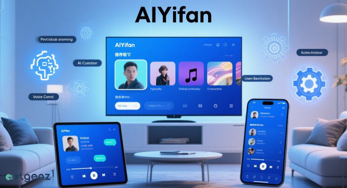 A futuristic living room scene featuring a large smart TV displaying the AIYifan interface, flanked by a tablet and a smartphone also running the same application, highlighting features like AI casting, voice control, and user personalization.