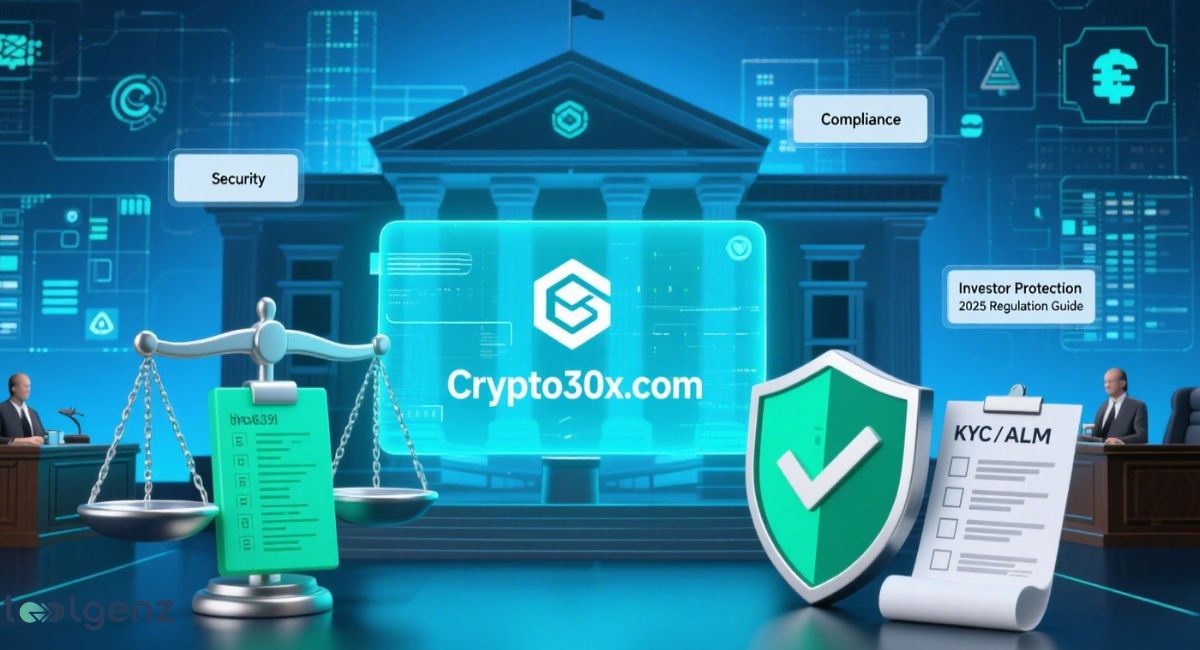 A digital illustration of the "Crypto30x.com" platform interface, surrounded by legal and financial symbols like scales of justice, a shield, a courthouse, and icons representing security, compliance, and investor protection, all set against a futuristic digital backdrop.