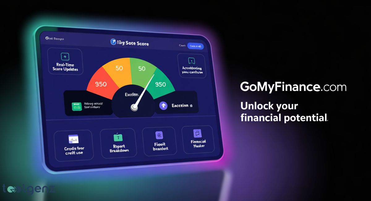 A tablet displaying a "GoMyFinance.com" financial dashboard with a prominent credit-score-like gauge showing an "Excellent" rating, surrounded by icons for real-time updates, account monitoring, credit insights, report breakdowns, financial management, and financial health.