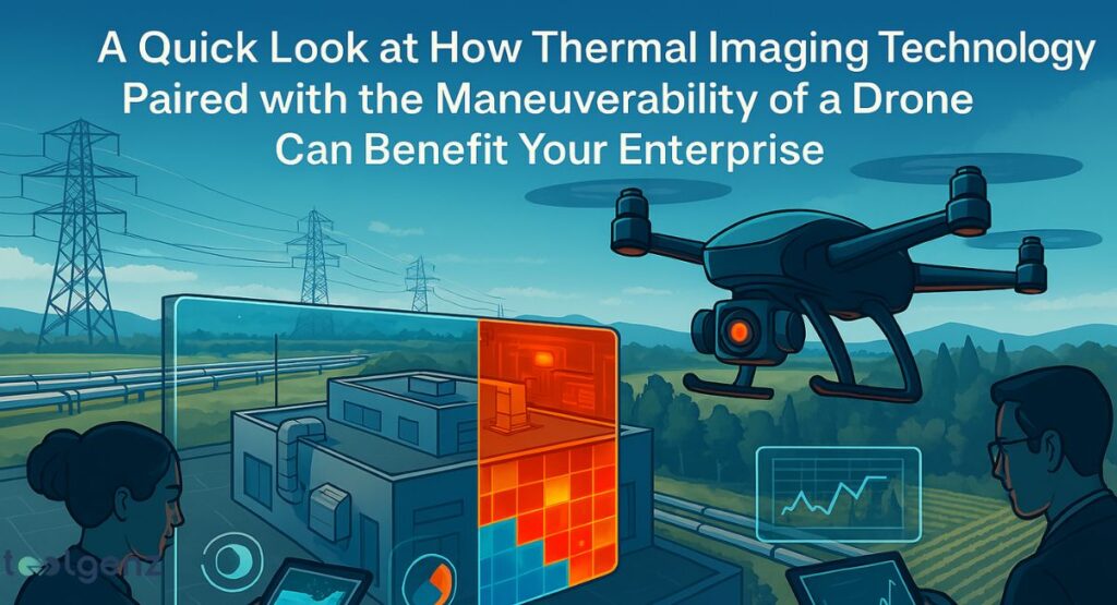An illustration depicting a black drone with an orange camera flying over a factory or industrial complex. A transparent screen overlays the scene, showing a building split between a standard view and a thermal imaging view with red and orange hotspots. Two people in the foreground look at tablets displaying data, with power lines in the background.