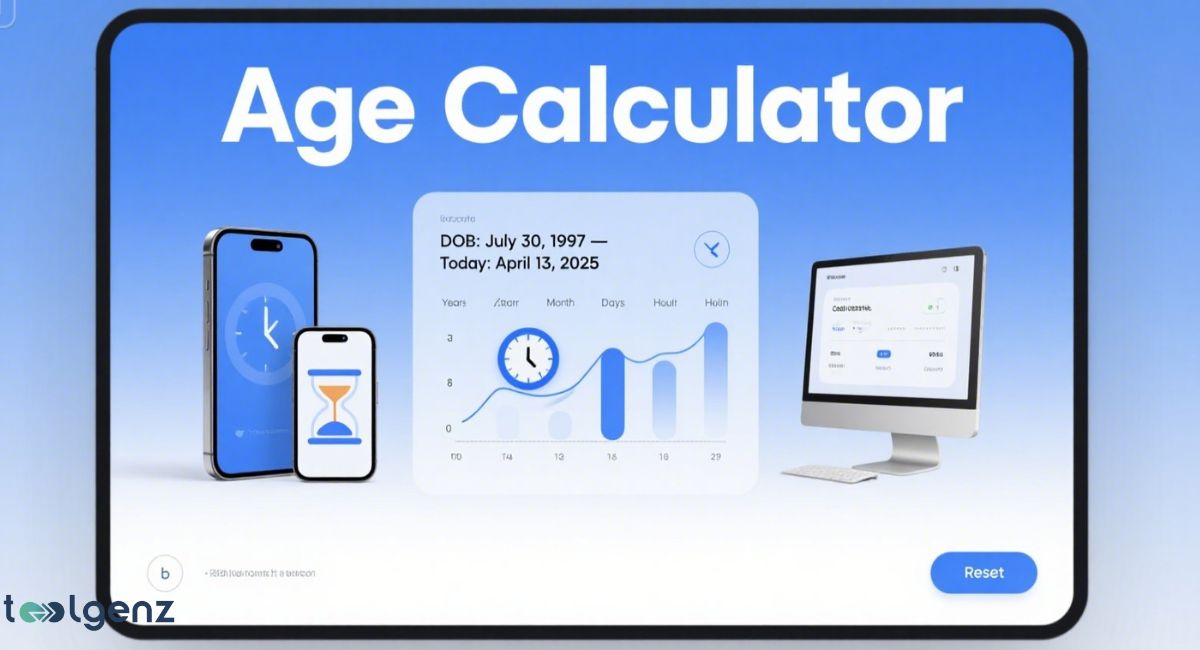 A digital interface for an Age Calculator displaying the calculation of age from July 30, 1997, to April 13, 2025, showing results in years, months, days, and hours, alongside various digital devices.