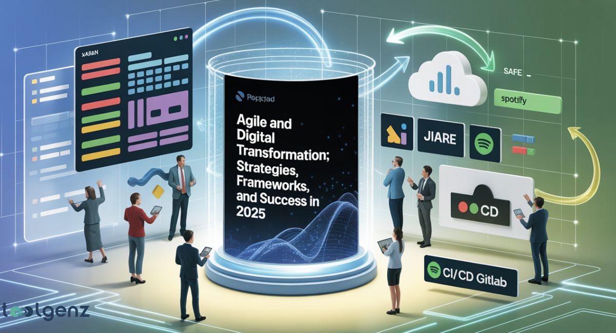 A central cylindrical display titled "Agile and Digital Transformation; Strategies, Frameworks, and Success in 2025," surrounded by professionals interacting with digital interfaces and icons representing cloud services, data analytics, and CI/CD tools.