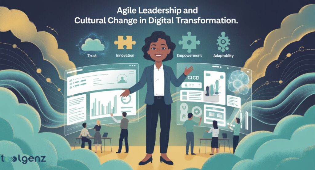 An illustration of a confident female leader standing between two large transparent screens displaying digital dashboards, with four floating icons above her representing Trust, Innovation, Empowerment, and Adaptability in the context of Agile Leadership and Cultural Change in Digital Transformation.