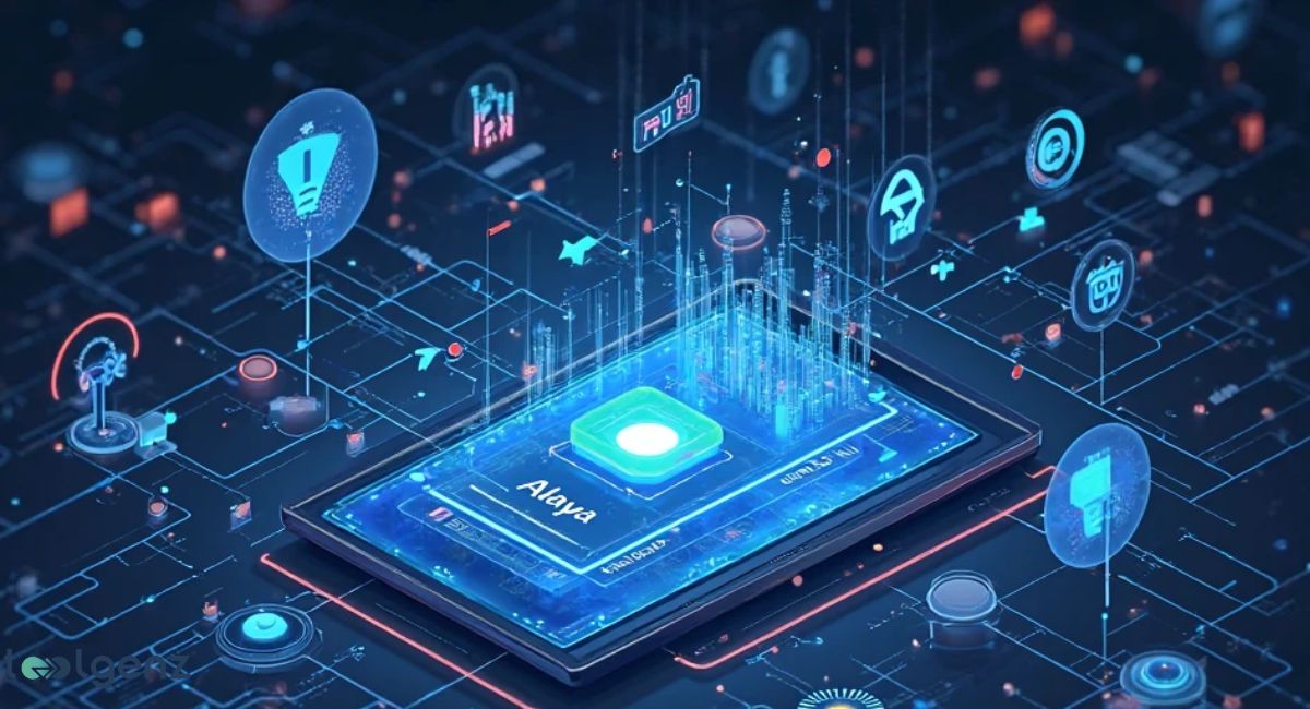 A futuristic, holographic display showing the "Alaya" AI platform interface at its center, surrounded by various interconnected glowing icons representing different AI functionalities like smart ideas, data processing, and automation.