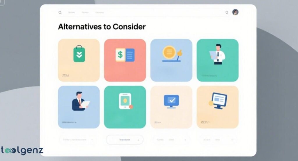  A digital interface titled "Alternatives to Consider," displaying eight colorful square icons representing various financial or service alternatives, such as shopping, billing, payments, and professional services.