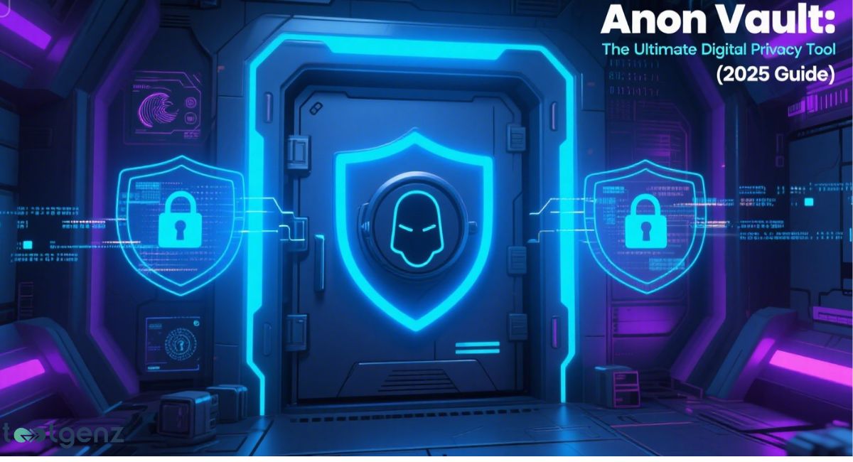 A futuristic, high-tech vault door glowing with blue neon lights, flanked by two shields with padlock icons, symbolizing "Anon Vault: The Ultimate Digital Privacy Tool."