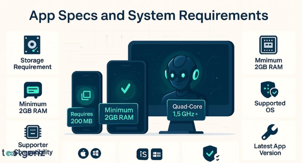 An infographic titled "App Specs and System Requirements" showing various tech devices like smartphones, a tablet, and a desktop with a robot figure, surrounded by icons detailing storage, RAM, processor, supported OS, and app compatibility.