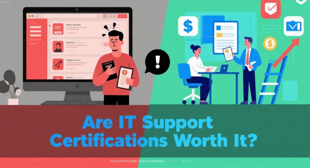 A divided image asking "Are IT Support Certifications Worth It?". The left side shows a frustrated man in front of a computer displaying job rejections. The right side shows a successful scene with a man receiving a certificate, an upward-trending graph, and symbols of money and achievement.