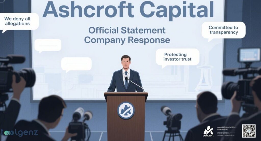 A corporate spokesperson at a podium making an "Official Statement Company Response" for Ashcroft Capital, surrounded by microphones and news cameras, with speech bubbles indicating "We deny all allegations," "Committed to transparency," and "Protecting investor trust."