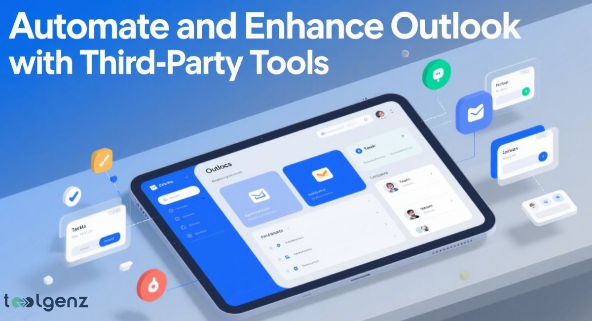 A tablet displaying an Outlook-like interface with email and task management features, surrounded by floating icons and cards representing third-party tools for automation and enhancement, such as email management, task tracking, and communication.