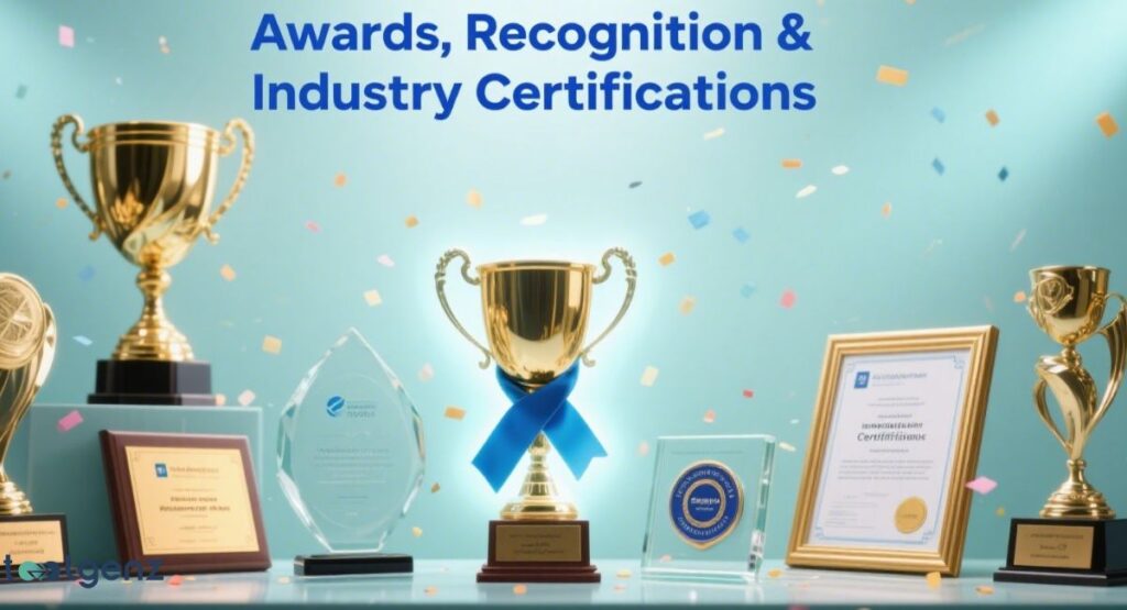 A collection of gleaming gold trophies, clear glass awards, and framed certifications, with confetti falling around them, under the title "Awards, Recognition & Industry Certifications."