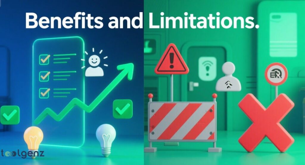 A graphic titled "Benefits and Limitations," featuring a set of balanced scales with green and red trays, and a yin-yang symbol below. On the green side, icons represent benefits, and on the red side, icons represent limitations.