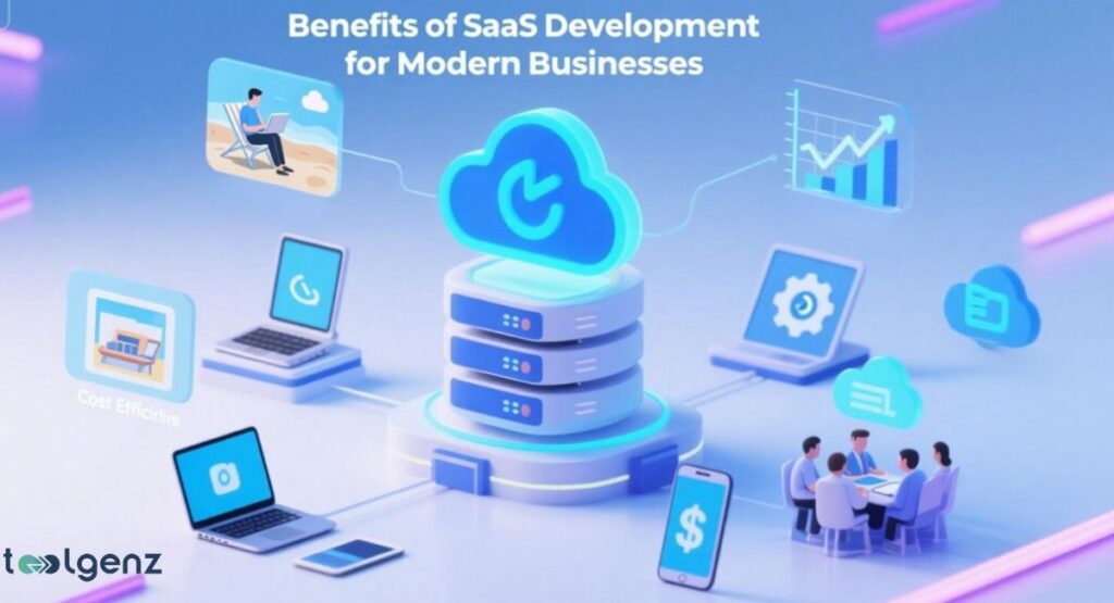 "Benefits of SaaS Development for Modern Businesses." It illustrates various advantages with icons and visuals around a central cloud server stack. Benefits shown include "Cost Efficiency" (building icon), scalability (upward trending graph), accessibility (person on laptop at beach), collaboration (people around a table), and security (shield icon on a laptop).

