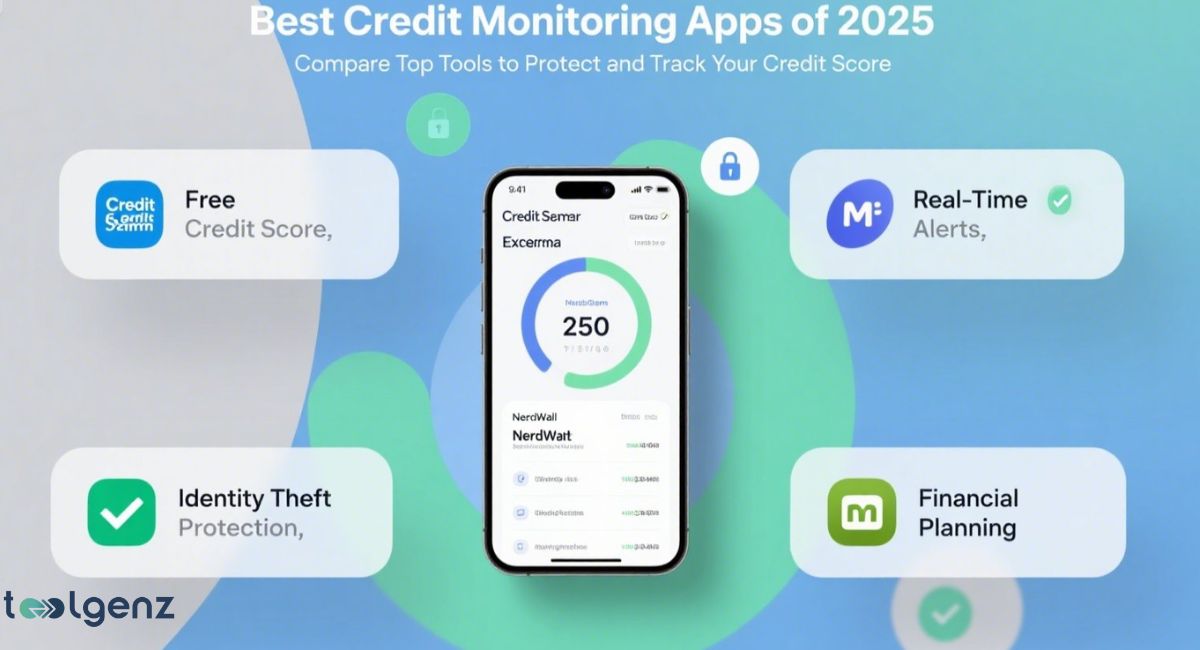 A smartphone displaying a credit monitoring app with a score of 250, surrounded by four cards highlighting features like free credit score, real-time alerts, identity theft protection, and financial planning, all under the title "Best Credit Monitoring Apps of 2025."