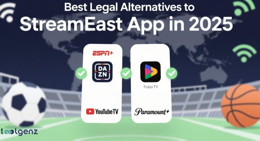 Two smartphones displaying legal sports streaming app logos like ESPN+, DAZN, YouTube TV, FuboTV, and Paramount+, with green checkmarks indicating their validity, set against a background of a soccer field, a basketball, and a world map, illustrating the "Best Legal Alternatives to StreamEast App in 2025."