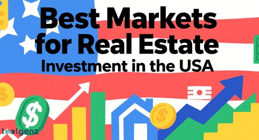 An illustration of a man in a suit holding a checklist, standing in front of a house, with another man looking perplexed by a dollar sign flag, all under the title "How to Invest in Real Estate Without Making Costly Beginner Mistakes." A thumbs-up icon and "Success" text are also visible.