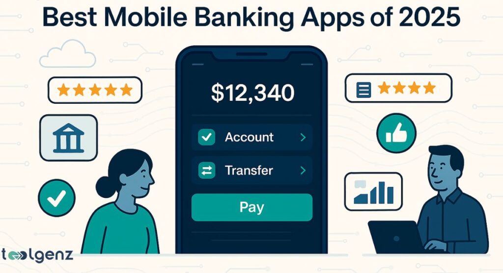 A central smartphone displaying a mobile banking app with a balance of $12,340 and options for account, transfer, and pay, flanked by users and icons representing features like star ratings, banking institutions, and positive reviews, all under the title "Best Mobile Banking Apps of 2025."