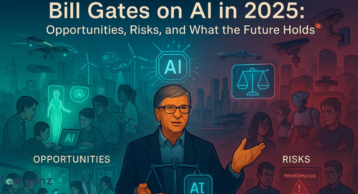 "Bill Gates on AI in 2025: Opportunities, Risks, and What the Future Holds." Bill Gates is centrally depicted, speaking, with a scale representing balance. The left side shows "OPPORTUNITIES" with icons of collaboration, healthcare, and smart cities. The right side shows "RISKS" with icons of misinformation, robots, and surveillance cameras in a red-toned, darker environment.